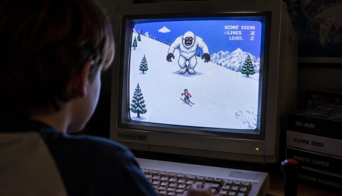 How to Escape the Yeti in SkiFree (Yes, It's Possible) Child at an old computer watching a white monster chase a skier