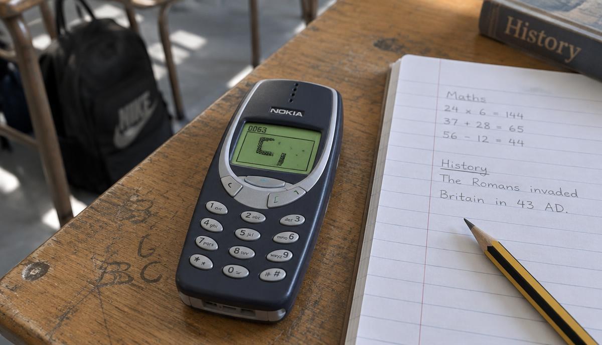 Nokia 3310 Snake II: What Changed and Why Everyone Remembers It Nokia 3310 lying on a school desk next to an exercise book