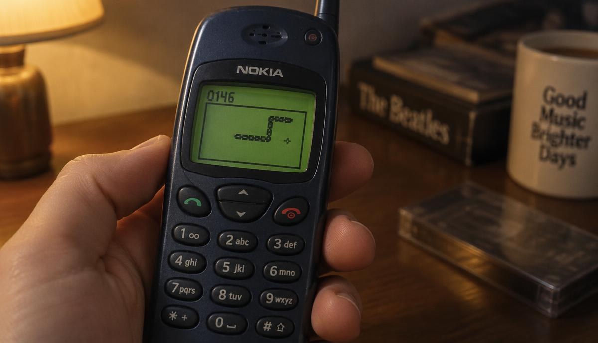 A hand holding a Nokia 6110 with Snake on its green backlit screen