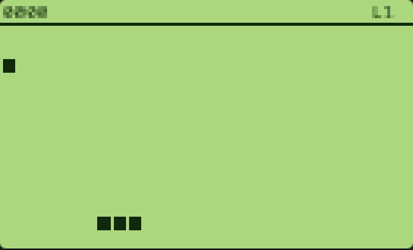 Nokia-style Snake game with a blocky snake on a green LCD screen