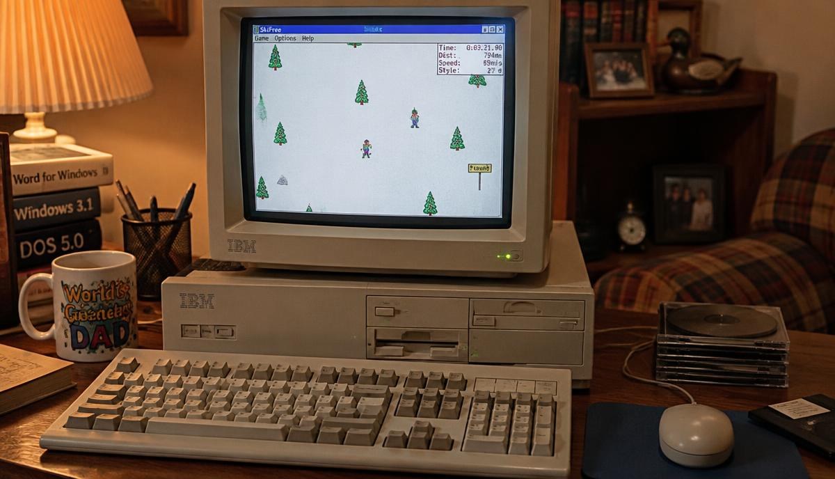 Beige early-1990s PC with a CRT monitor showing a snowy skiing game